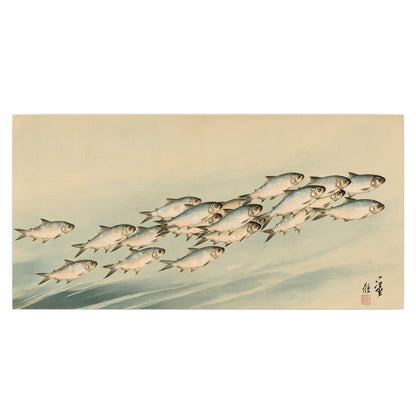 A flowing school of small fish above pale blue water on a cream ground single poster print viewed straight on
