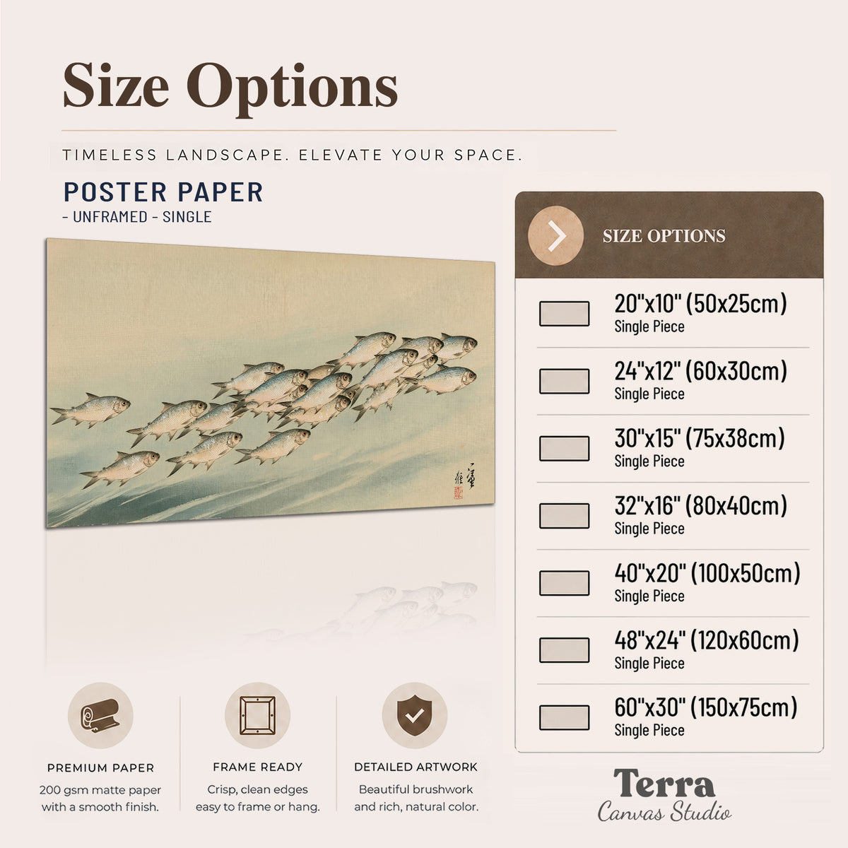 A flowing school of small fish above pale blue water on a cream ground single poster print available dimensions