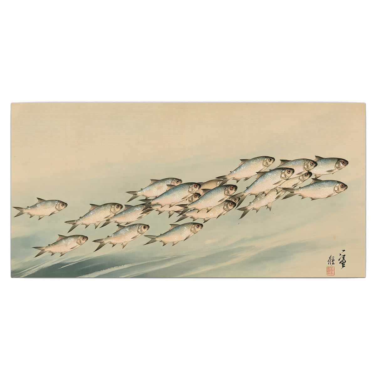 A flowing school of small fish above pale blue water on a cream ground single canvas wall art viewed straight on