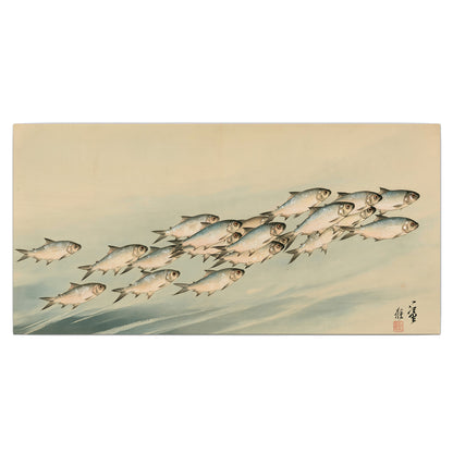 A flowing school of small fish above pale blue water on a cream ground single canvas wall art viewed straight on