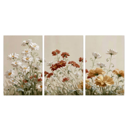 Loose ivory, rust and golden wildflowers on a soft neutral background 3 piece canvas wall art viewed straight on