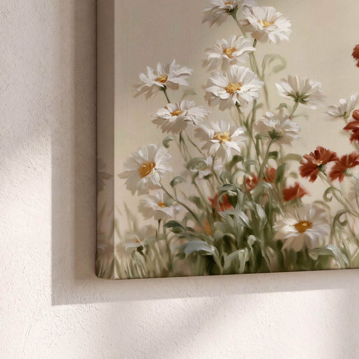 Loose ivory, rust and golden wildflowers on a soft neutral background 3 piece canvas wall art material and edge close up