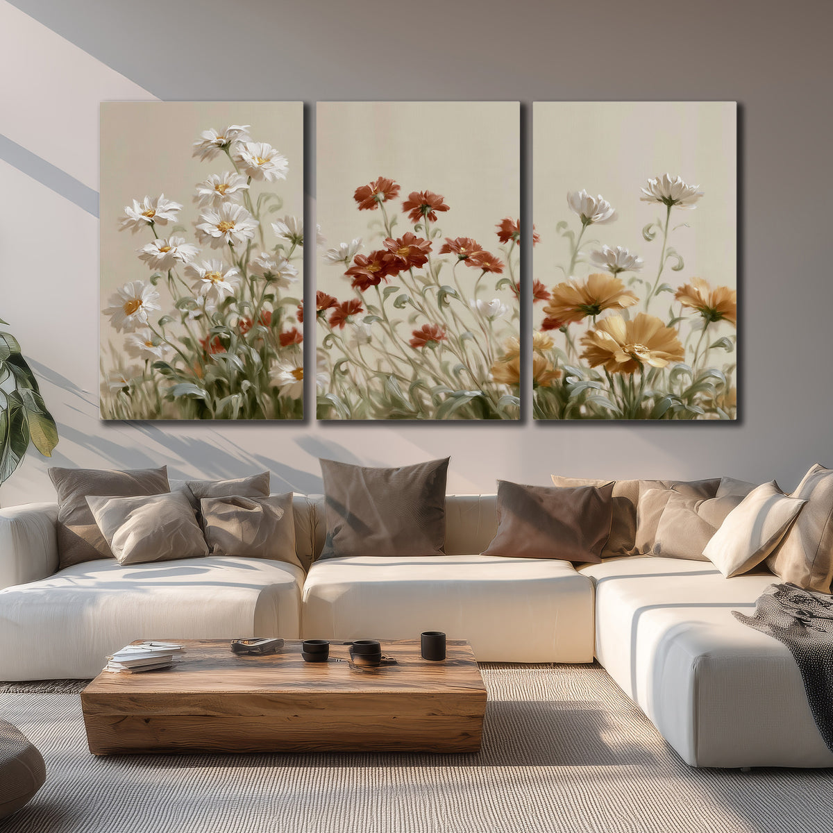 Loose ivory, rust and golden wildflowers on a soft neutral background 3 piece canvas wall art displayed in a living room