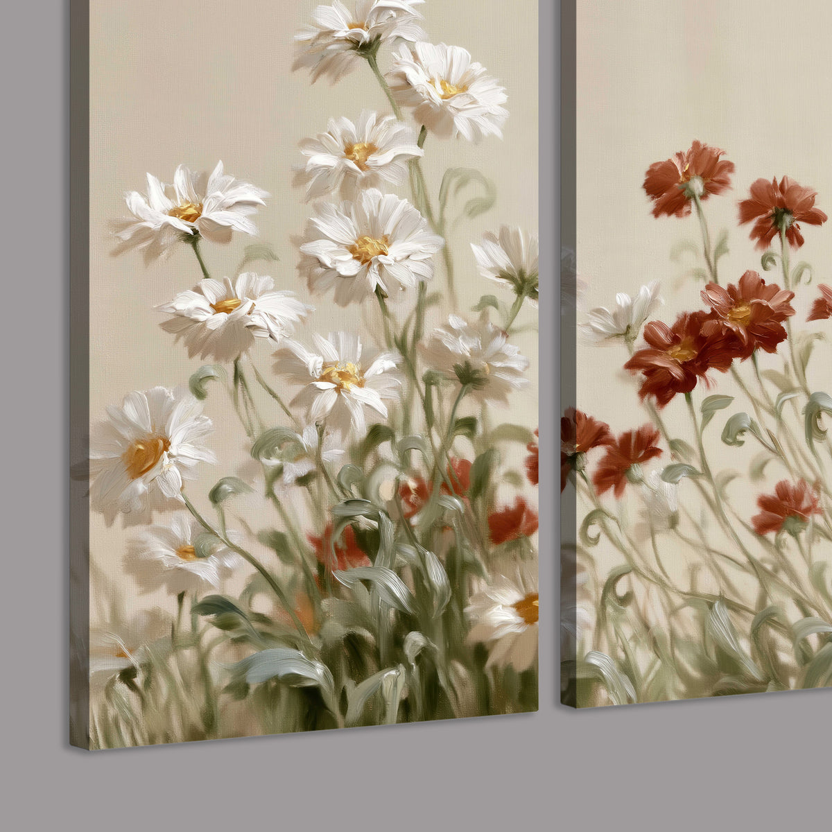 Loose ivory, rust and golden wildflowers on a soft neutral background 3 piece canvas wall art room and product view