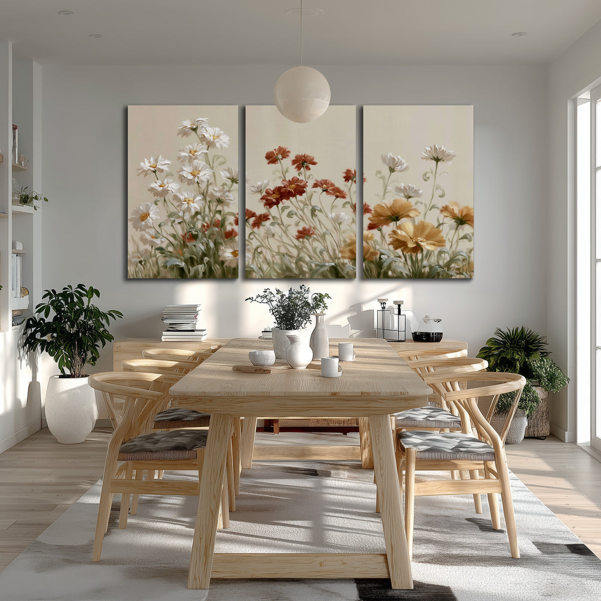 Loose ivory, rust and golden wildflowers on a soft neutral background 3 piece canvas wall art room and product view