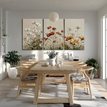 Loose ivory, rust and golden wildflowers on a soft neutral background 3 piece canvas wall art room and product view