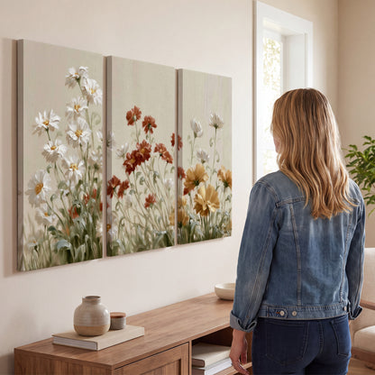 Loose ivory, rust and golden wildflowers on a soft neutral background 3 piece canvas wall art three panel arrangement on a wall