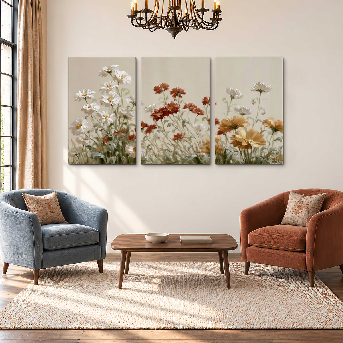 Loose ivory, rust and golden wildflowers on a soft neutral background 3 piece canvas wall art styled in an interior