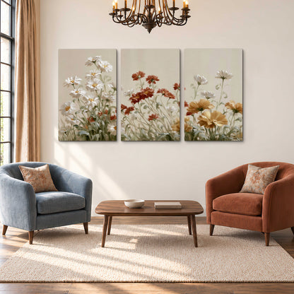 Loose ivory, rust and golden wildflowers on a soft neutral background 3 piece canvas wall art styled in an interior