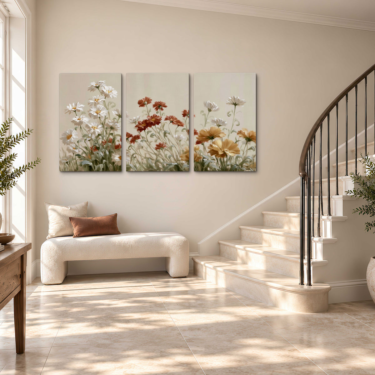 Loose ivory, rust and golden wildflowers on a soft neutral background 3 piece canvas wall art styled in an interior
