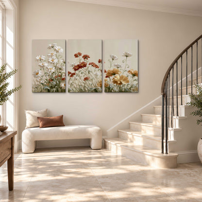 Loose ivory, rust and golden wildflowers on a soft neutral background 3 piece canvas wall art styled in an interior