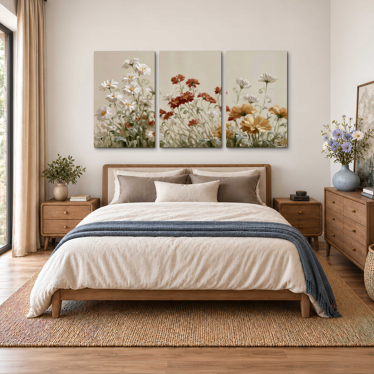 Loose ivory, rust and golden wildflowers on a soft neutral background 3 piece canvas wall art styled in an interior