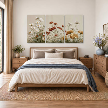 Loose ivory, rust and golden wildflowers on a soft neutral background 3 piece canvas wall art styled in an interior