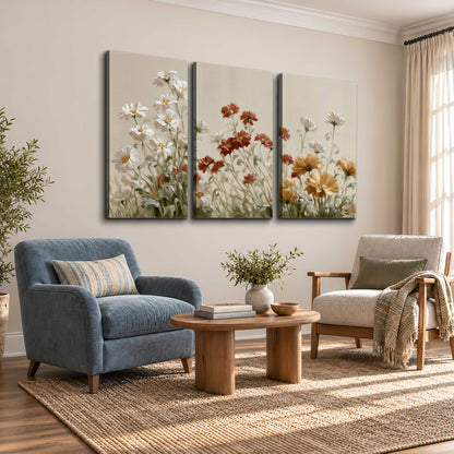 Loose ivory, rust and golden wildflowers on a soft neutral background 3 piece canvas wall art styled in an interior