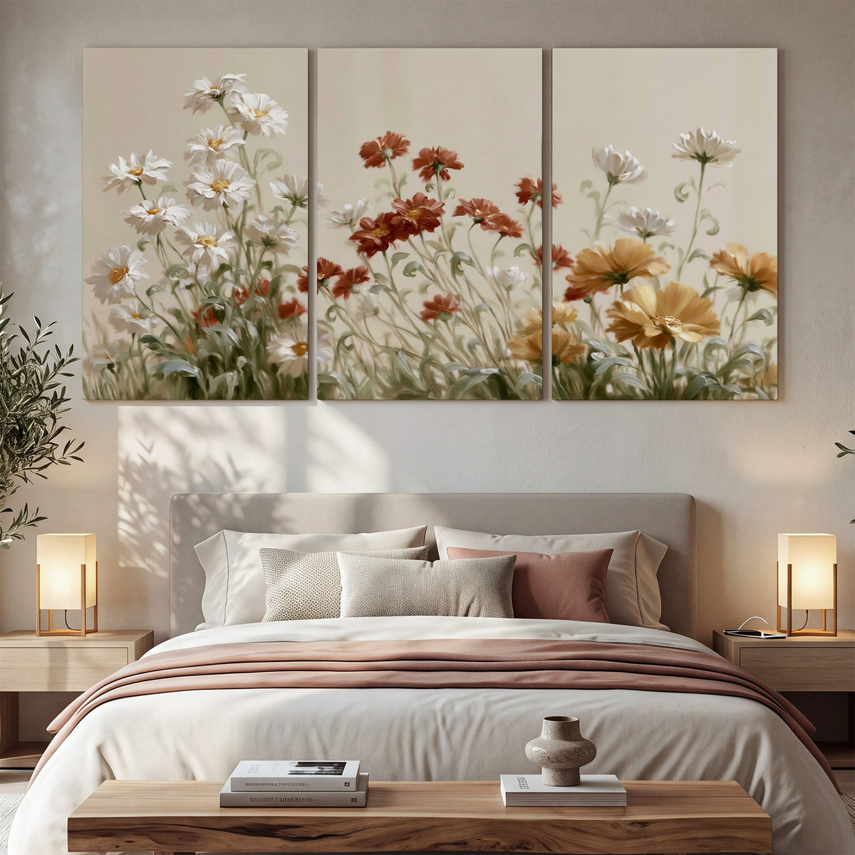 Loose ivory, rust and golden wildflowers on a soft neutral background 3 piece canvas wall art displayed in a bedroom