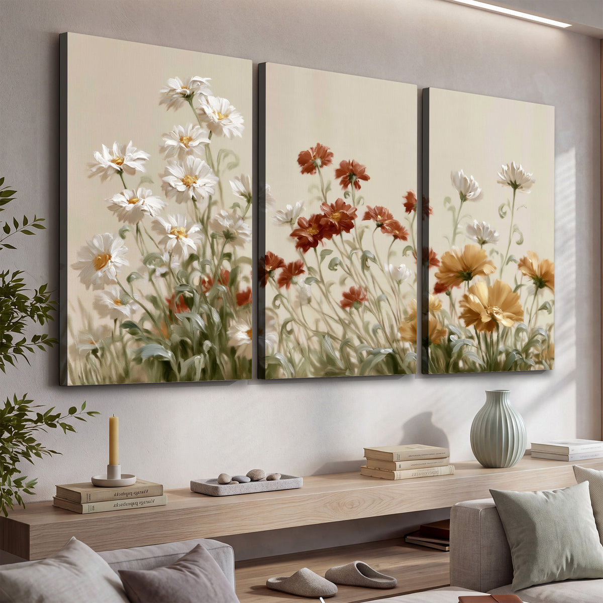 Loose ivory, rust and golden wildflowers on a soft neutral background 3 piece canvas wall art displayed in a console