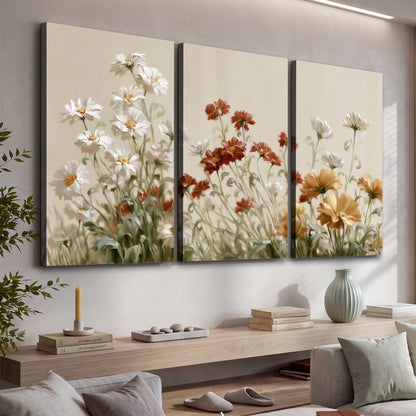 Loose ivory, rust and golden wildflowers on a soft neutral background 3 piece canvas wall art displayed in a console