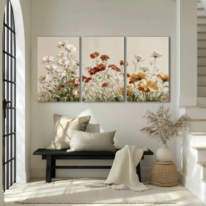 Loose ivory, rust and golden wildflowers on a soft neutral background 3 piece canvas wall art displayed in a entryway