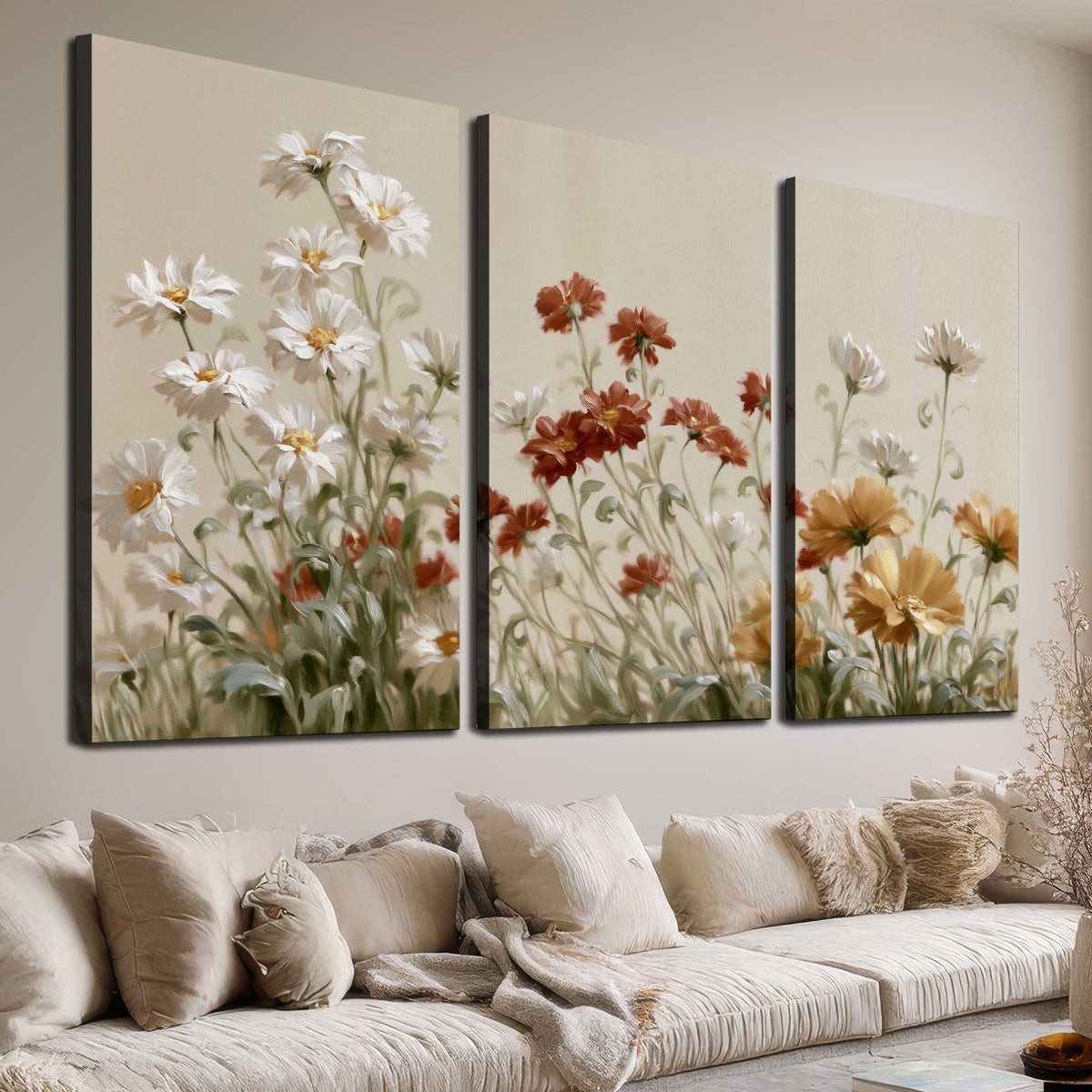 Loose ivory, rust and golden wildflowers on a soft neutral background 3 piece canvas wall art room and product view