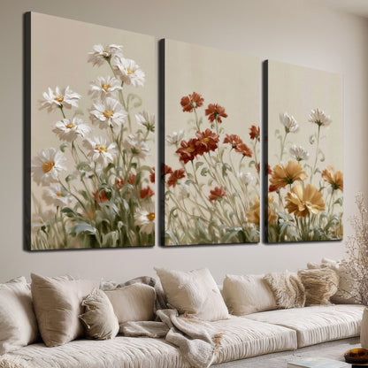 Loose ivory, rust and golden wildflowers on a soft neutral background 3 piece canvas wall art room and product view