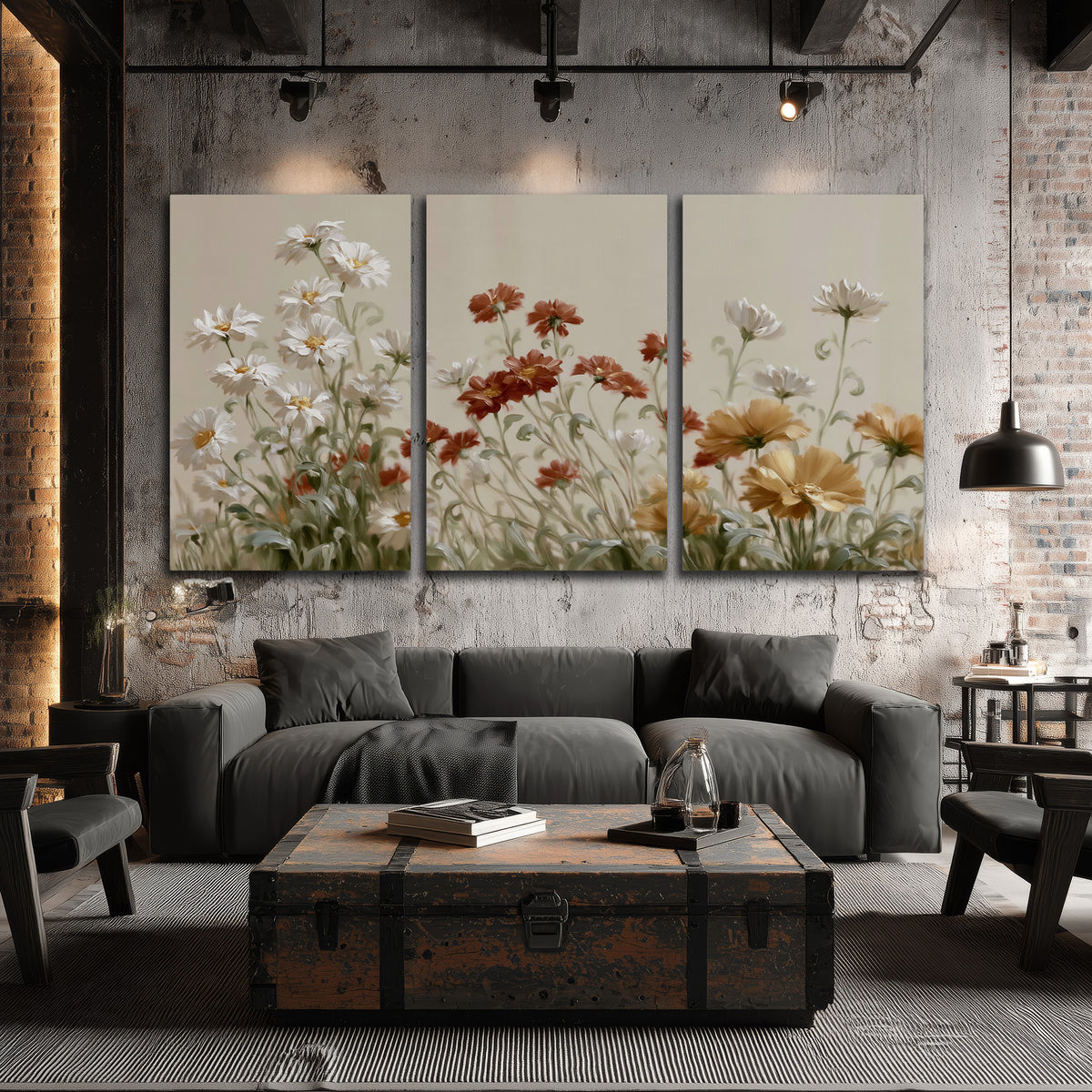 Loose ivory, rust and golden wildflowers on a soft neutral background 3 piece canvas wall art displayed in a industrial room