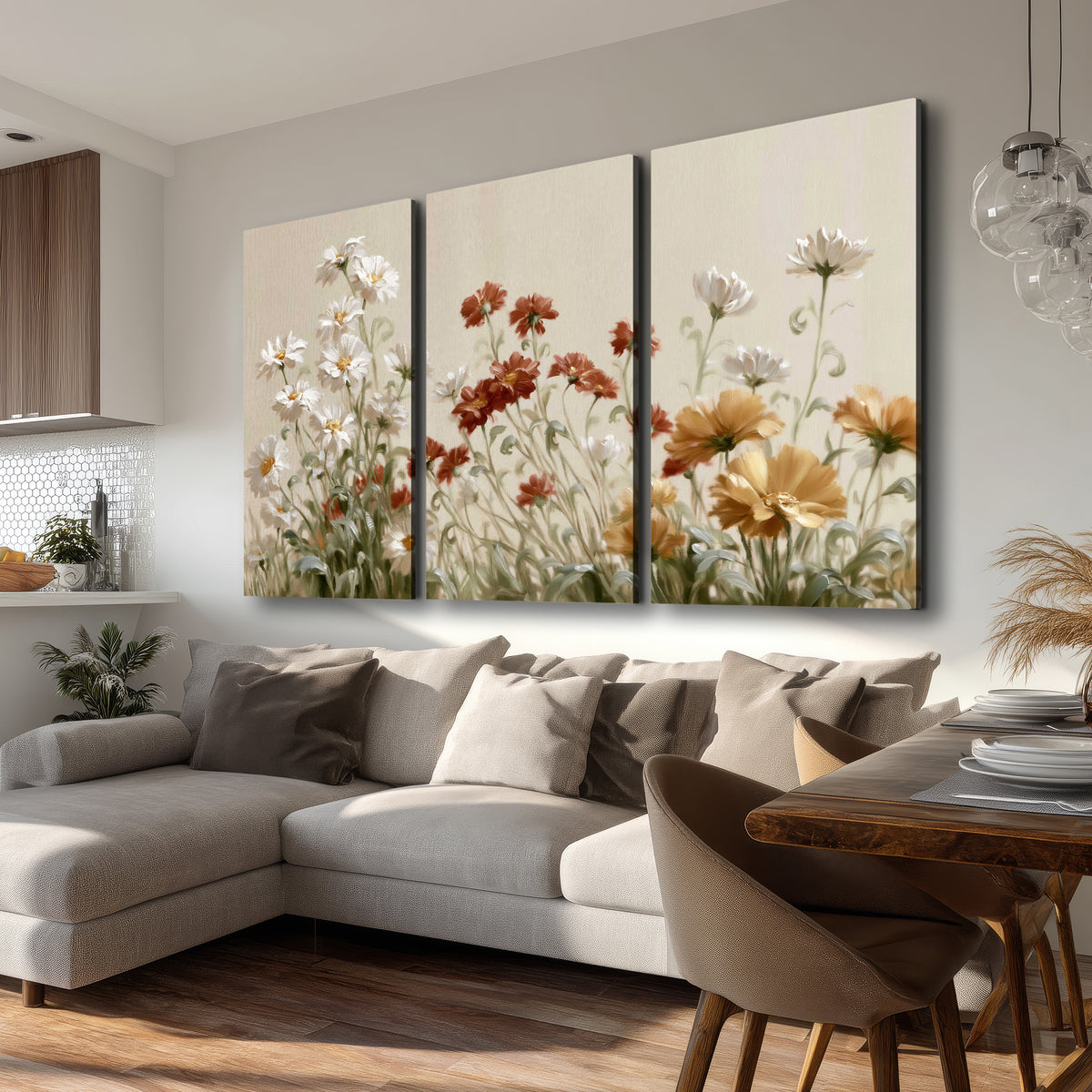 Loose ivory, rust and golden wildflowers on a soft neutral background 3 piece canvas wall art room and product view