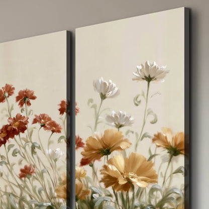 Loose ivory, rust and golden wildflowers on a soft neutral background 3 piece canvas wall art room and product view