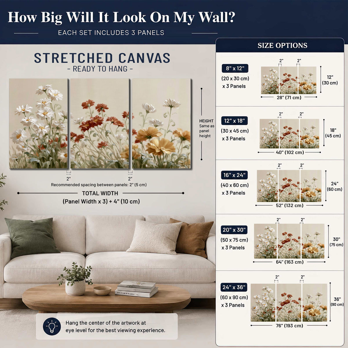 Loose ivory, rust and golden wildflowers on a soft neutral background 3 piece canvas wall art size guide above a sofa; room view is illustrative