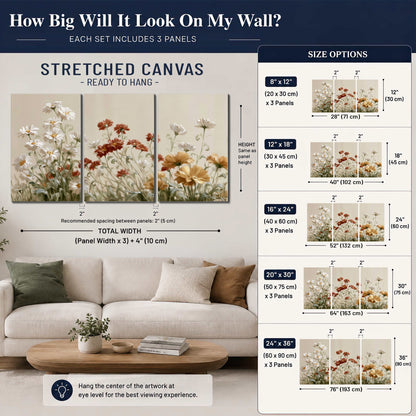 Loose ivory, rust and golden wildflowers on a soft neutral background 3 piece canvas wall art size guide above a sofa; room view is illustrative
