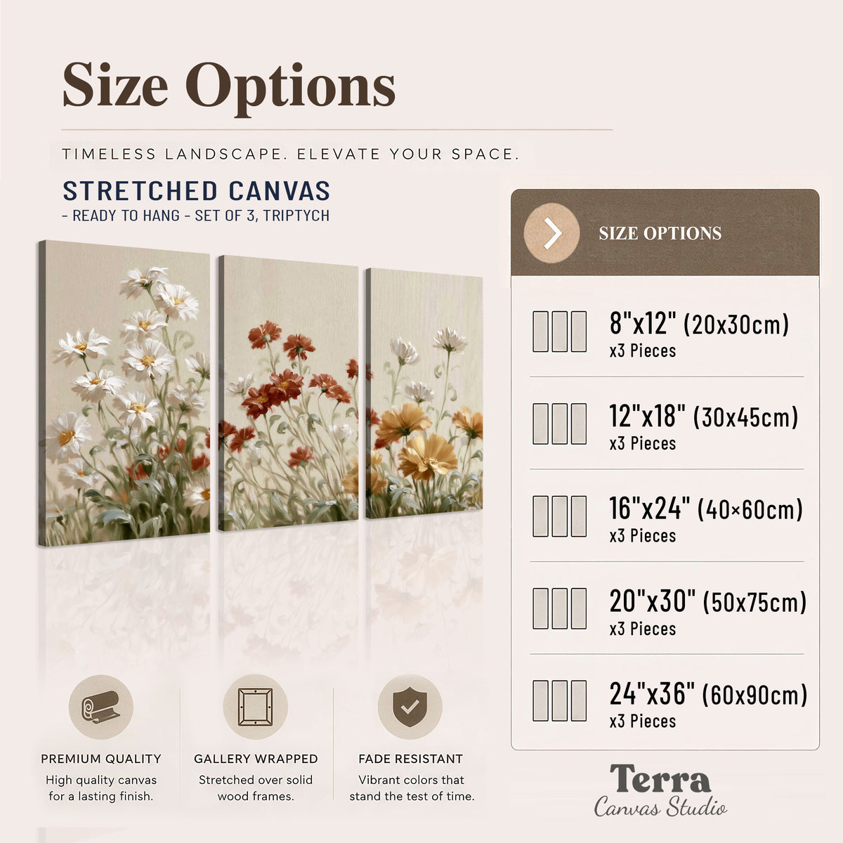 Loose ivory, rust and golden wildflowers on a soft neutral background 3 piece canvas wall art available dimensions; triptych dimensions are per panel