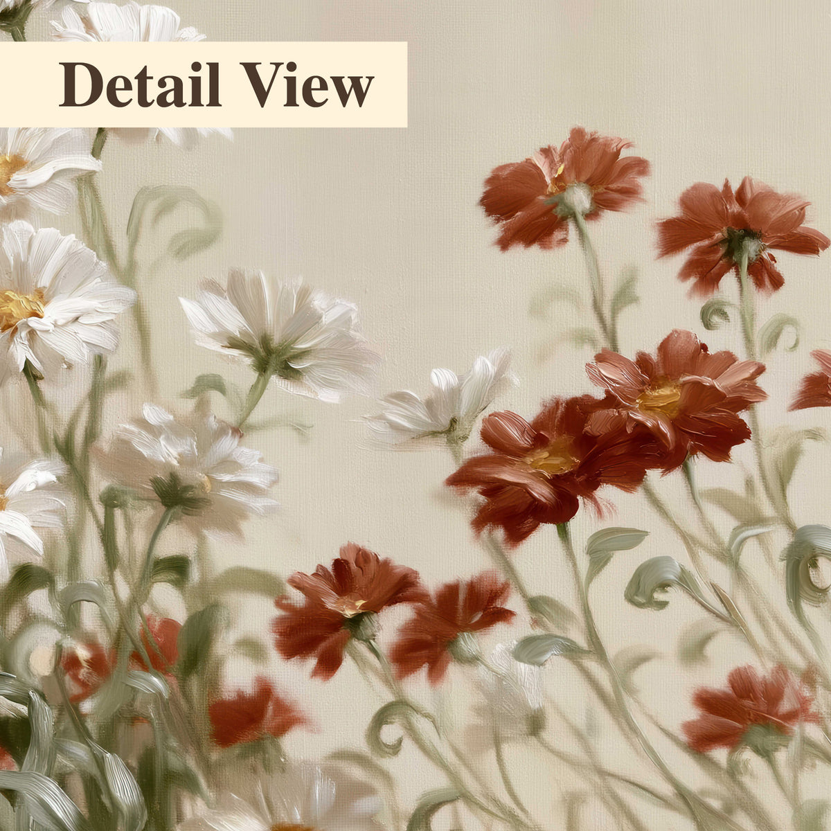 Loose ivory, rust and golden wildflowers on a soft neutral background 3 piece canvas wall art artwork detail close up