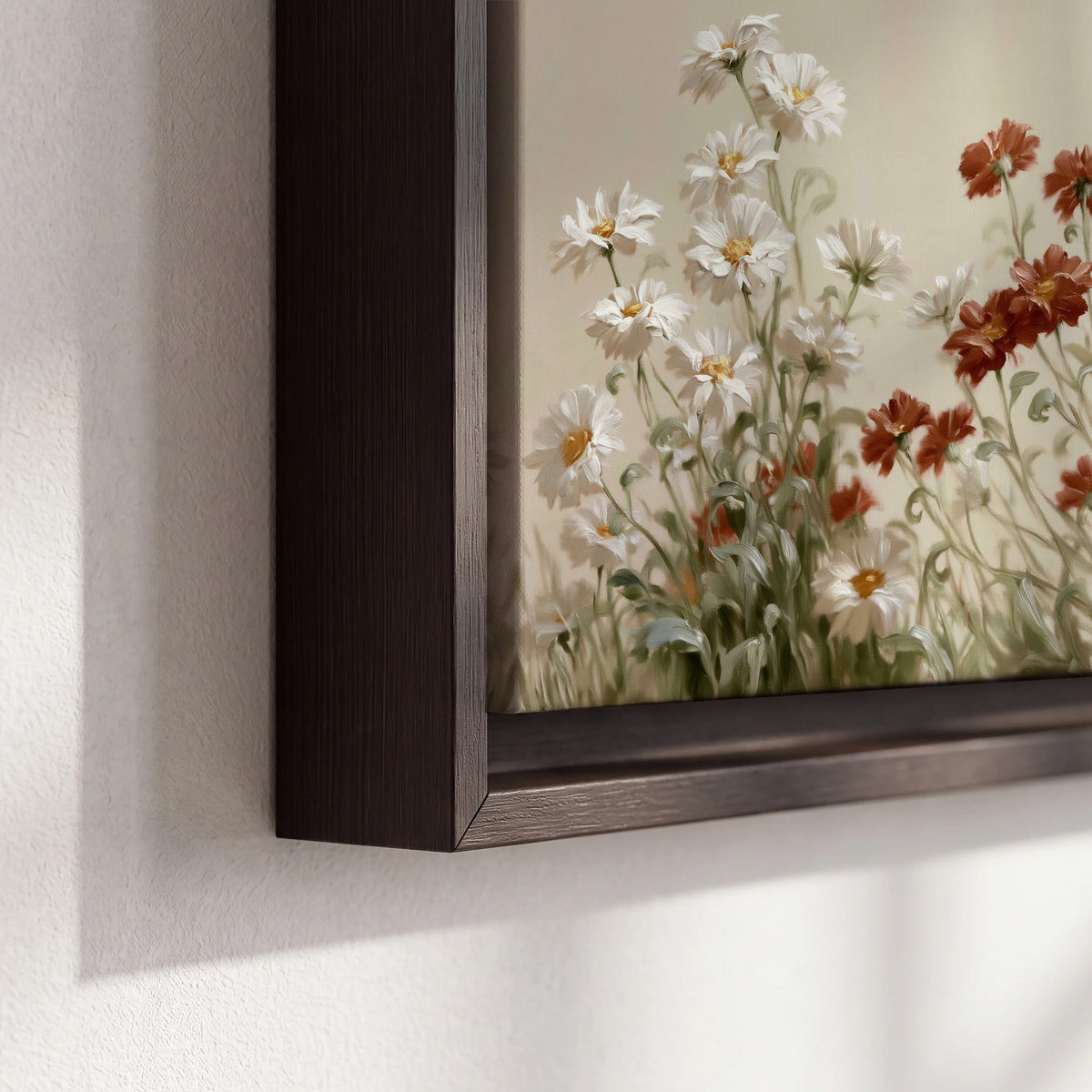 Loose ivory, rust and golden wildflowers on a soft neutral background 3 piece framed canvas wall art material and edge close up