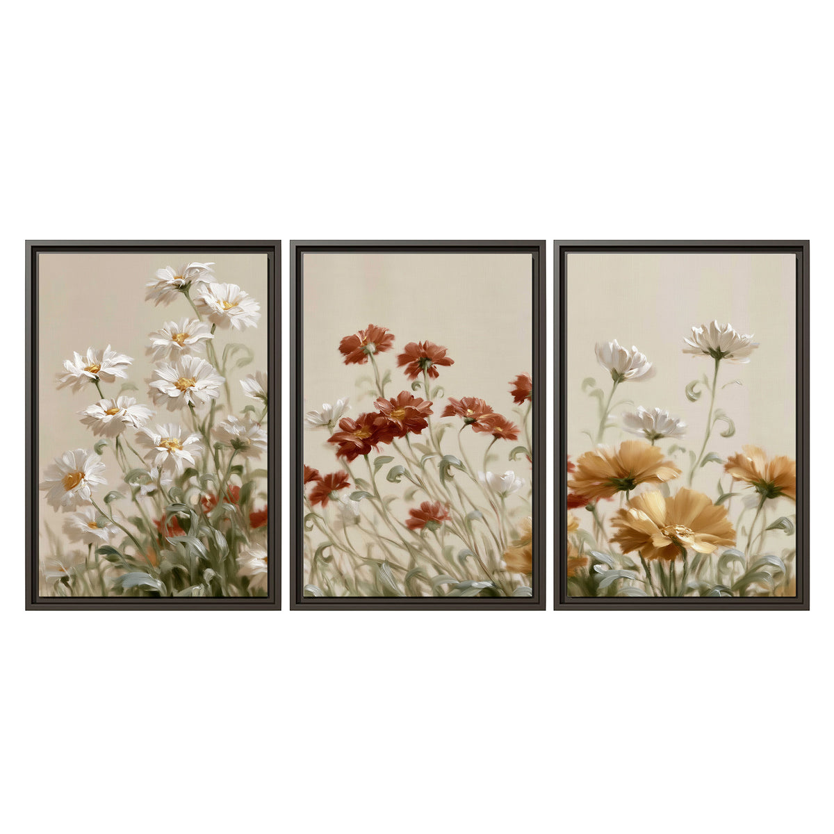 Loose ivory, rust and golden wildflowers on a soft neutral background 3 piece framed canvas wall art viewed straight on
