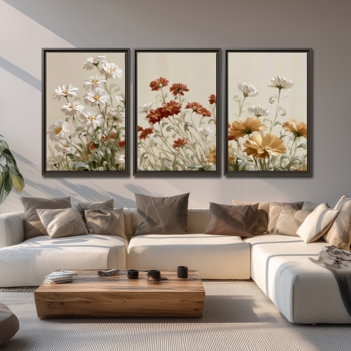 Loose ivory, rust and golden wildflowers on a soft neutral background 3 piece framed canvas wall art displayed in a living room