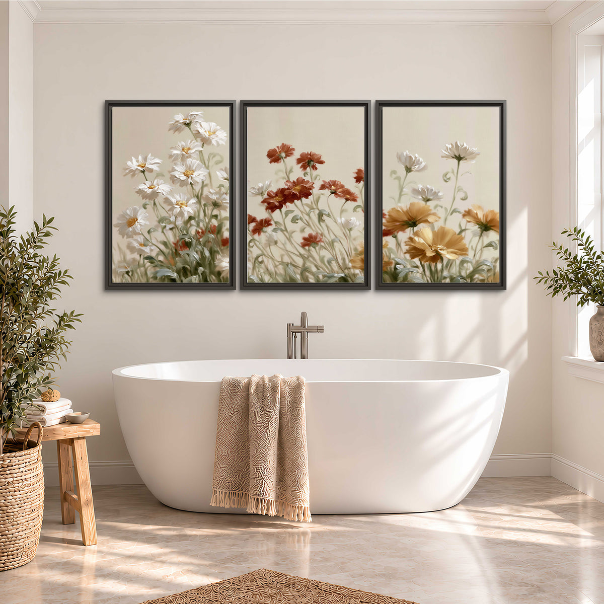 Loose ivory, rust and golden wildflowers on a soft neutral background 3 piece framed canvas wall art styled in an interior