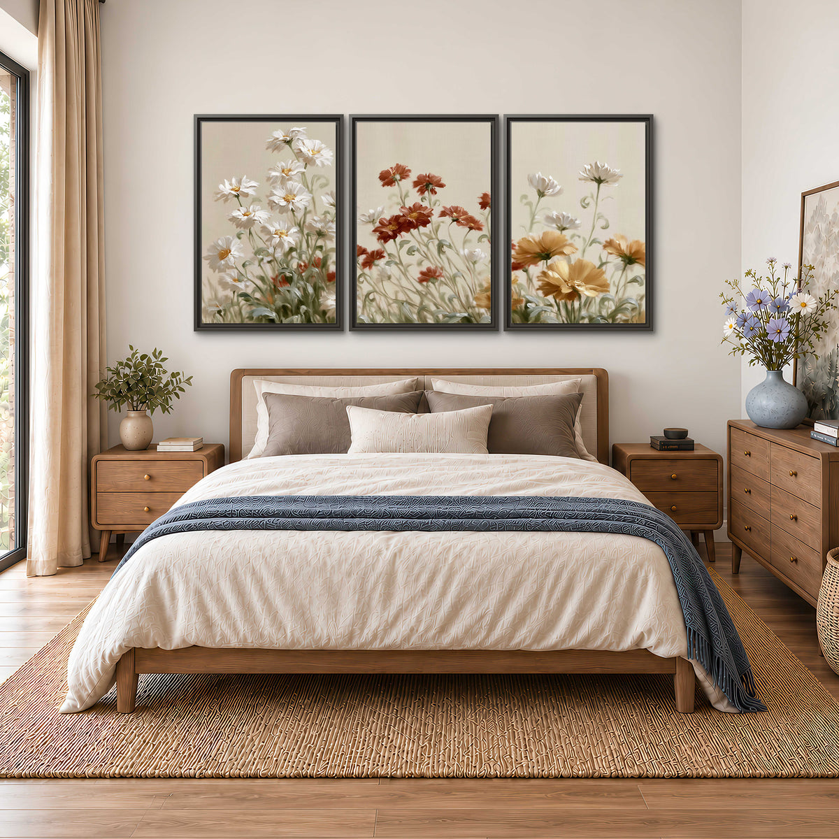 Loose ivory, rust and golden wildflowers on a soft neutral background 3 piece framed canvas wall art styled in an interior