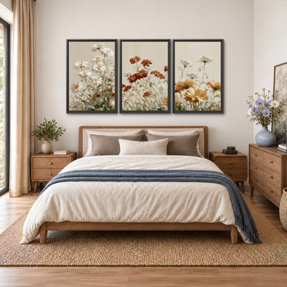 Loose ivory, rust and golden wildflowers on a soft neutral background 3 piece framed canvas wall art styled in an interior