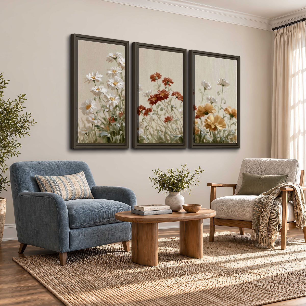 Loose ivory, rust and golden wildflowers on a soft neutral background 3 piece framed canvas wall art styled in an interior