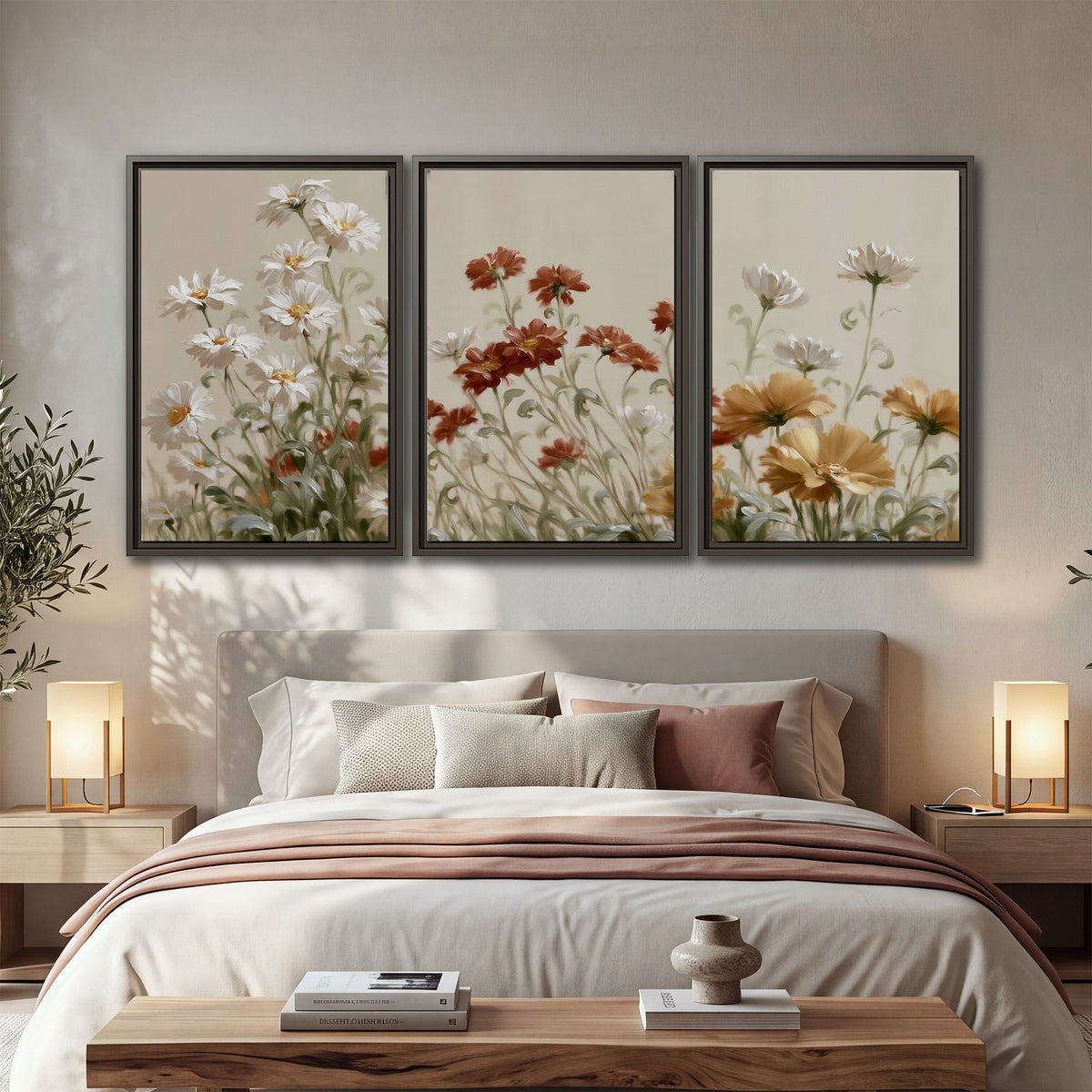 Loose ivory, rust and golden wildflowers on a soft neutral background 3 piece framed canvas wall art displayed in a bedroom
