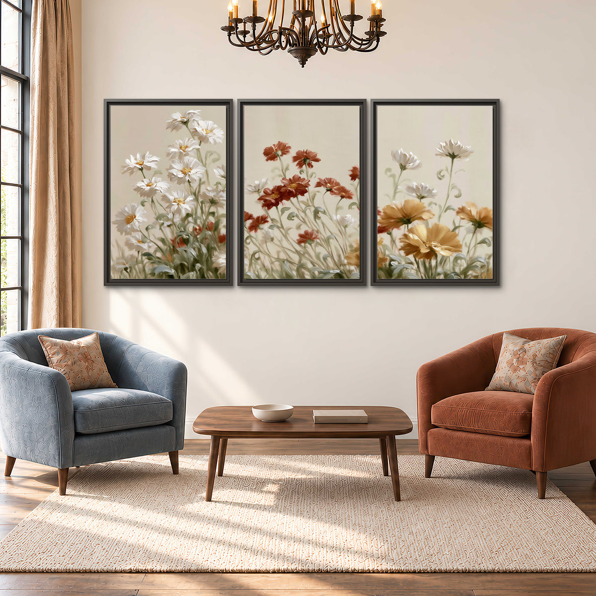 Loose ivory, rust and golden wildflowers on a soft neutral background 3 piece framed canvas wall art styled in an interior