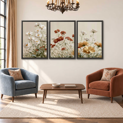 Loose ivory, rust and golden wildflowers on a soft neutral background 3 piece framed canvas wall art styled in an interior