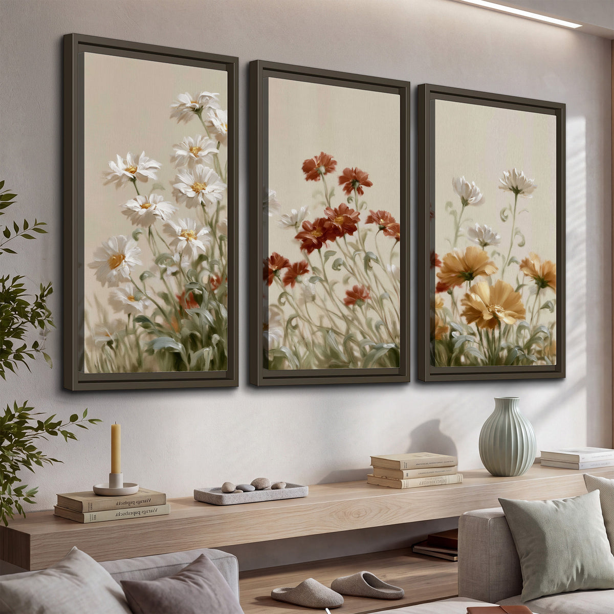 Loose ivory, rust and golden wildflowers on a soft neutral background 3 piece framed canvas wall art displayed in a console