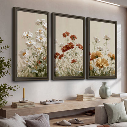 Loose ivory, rust and golden wildflowers on a soft neutral background 3 piece framed canvas wall art displayed in a console