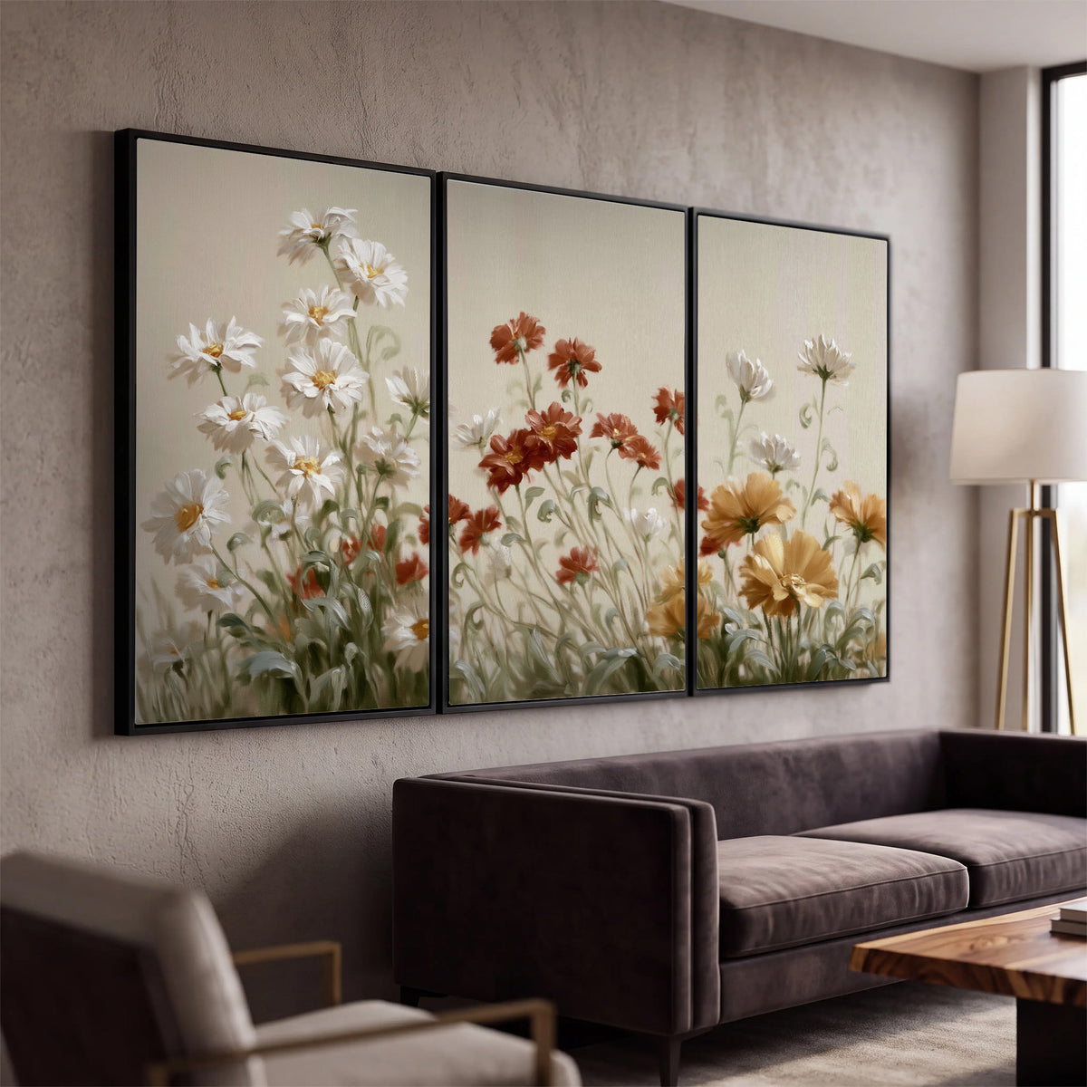 Loose ivory, rust and golden wildflowers on a soft neutral background 3 piece framed canvas wall art displayed in a modern living room