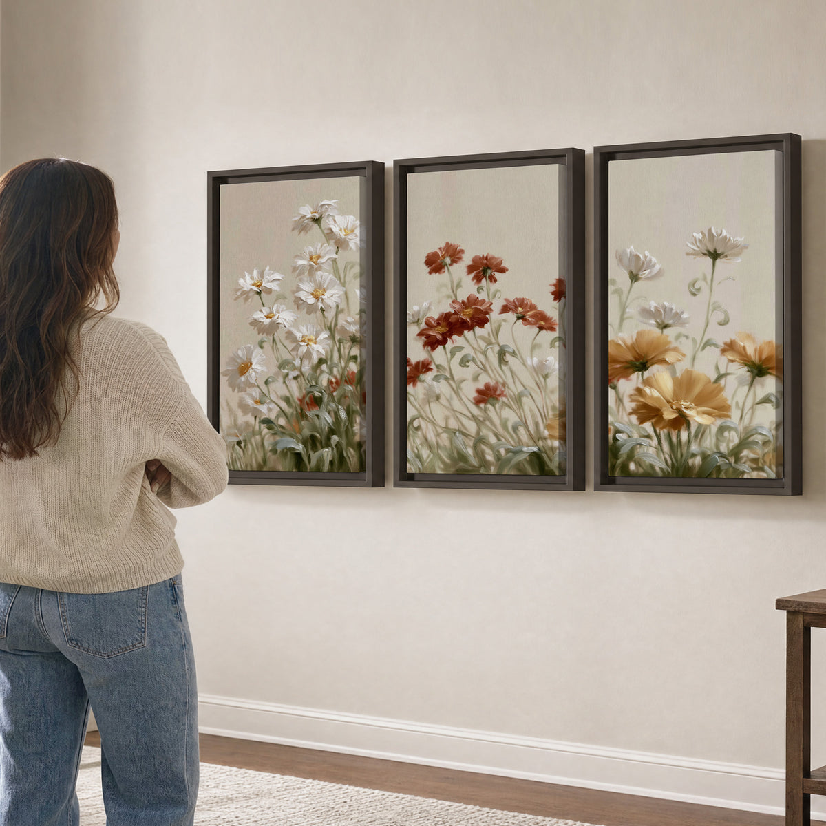 Loose ivory, rust and golden wildflowers on a soft neutral background 3 piece framed canvas wall art three panel arrangement on a wall