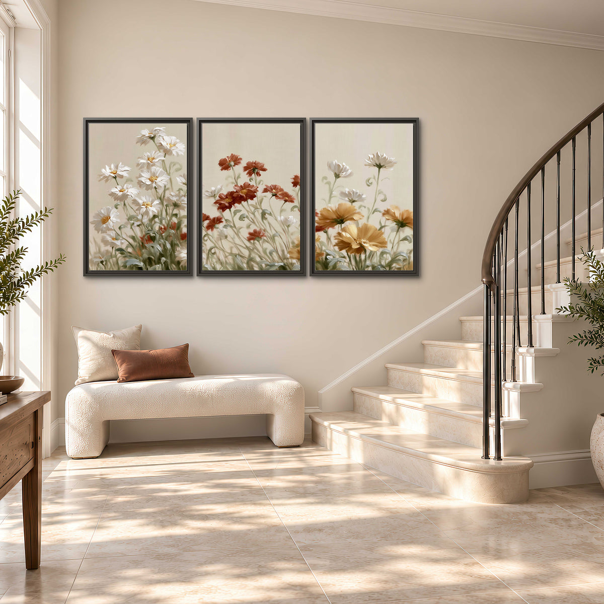Loose ivory, rust and golden wildflowers on a soft neutral background 3 piece framed canvas wall art styled in an interior