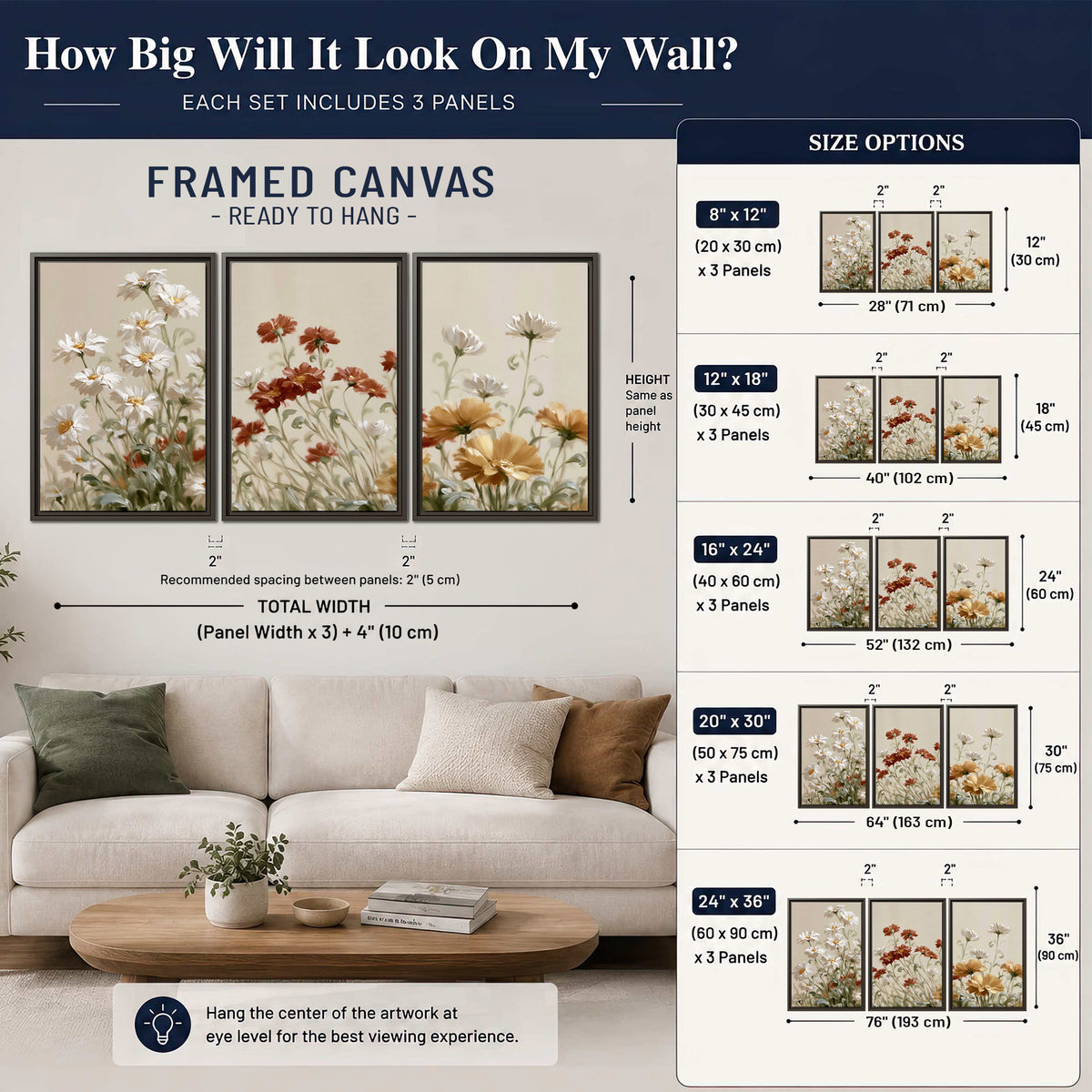 Loose ivory, rust and golden wildflowers on a soft neutral background 3 piece framed canvas wall art size guide above a sofa; room view is illustrative