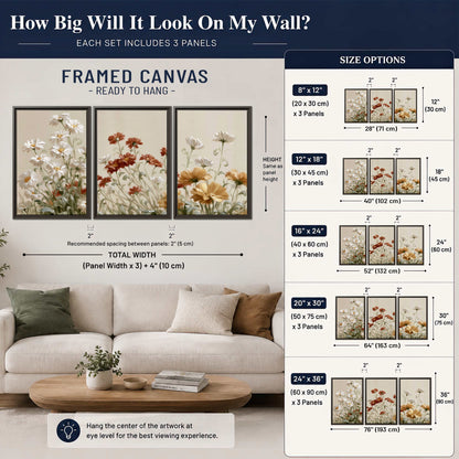 Loose ivory, rust and golden wildflowers on a soft neutral background 3 piece framed canvas wall art size guide above a sofa; room view is illustrative