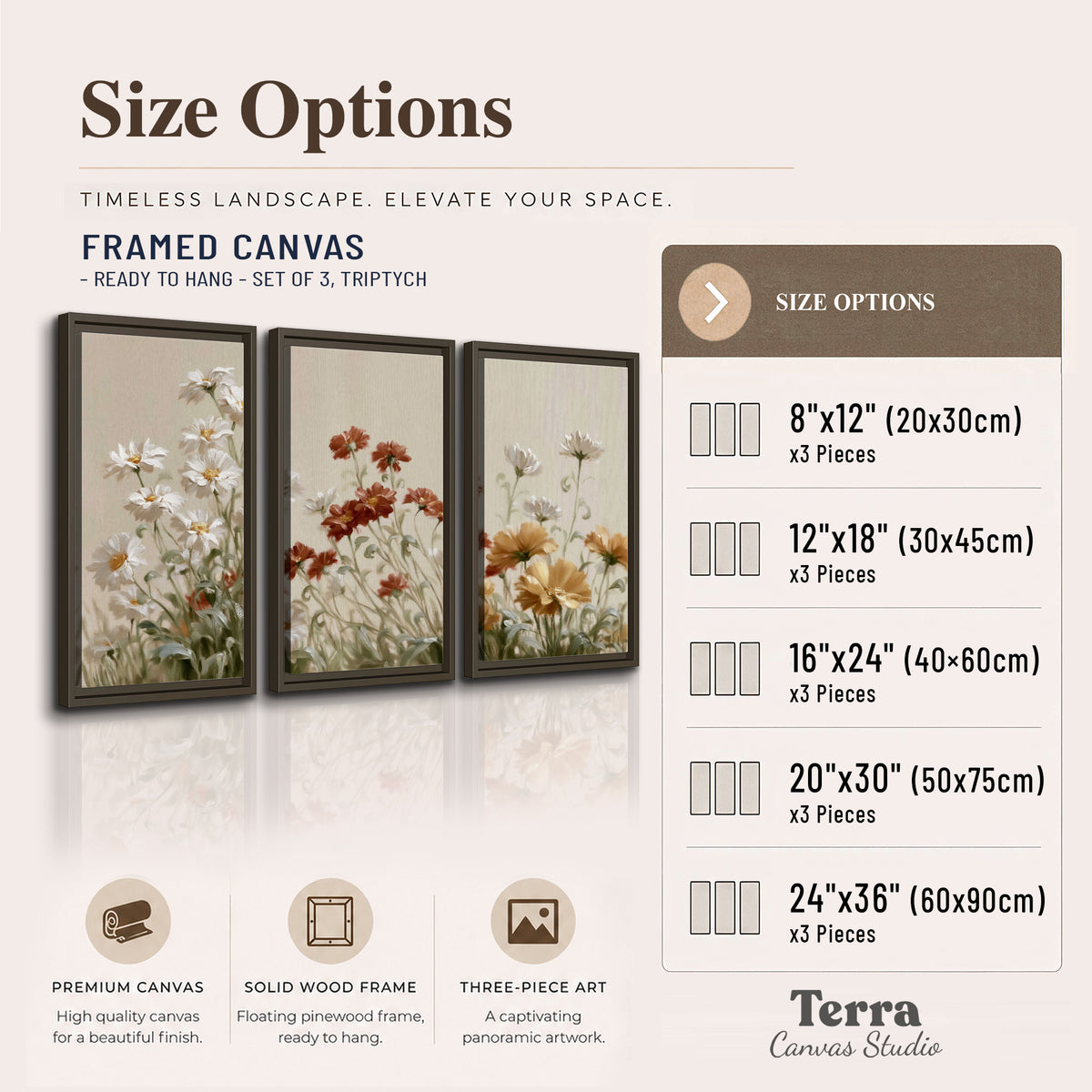Loose ivory, rust and golden wildflowers on a soft neutral background 3 piece framed canvas wall art available dimensions; triptych dimensions are per panel