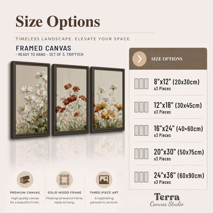 Loose ivory, rust and golden wildflowers on a soft neutral background 3 piece framed canvas wall art available dimensions; triptych dimensions are per panel
